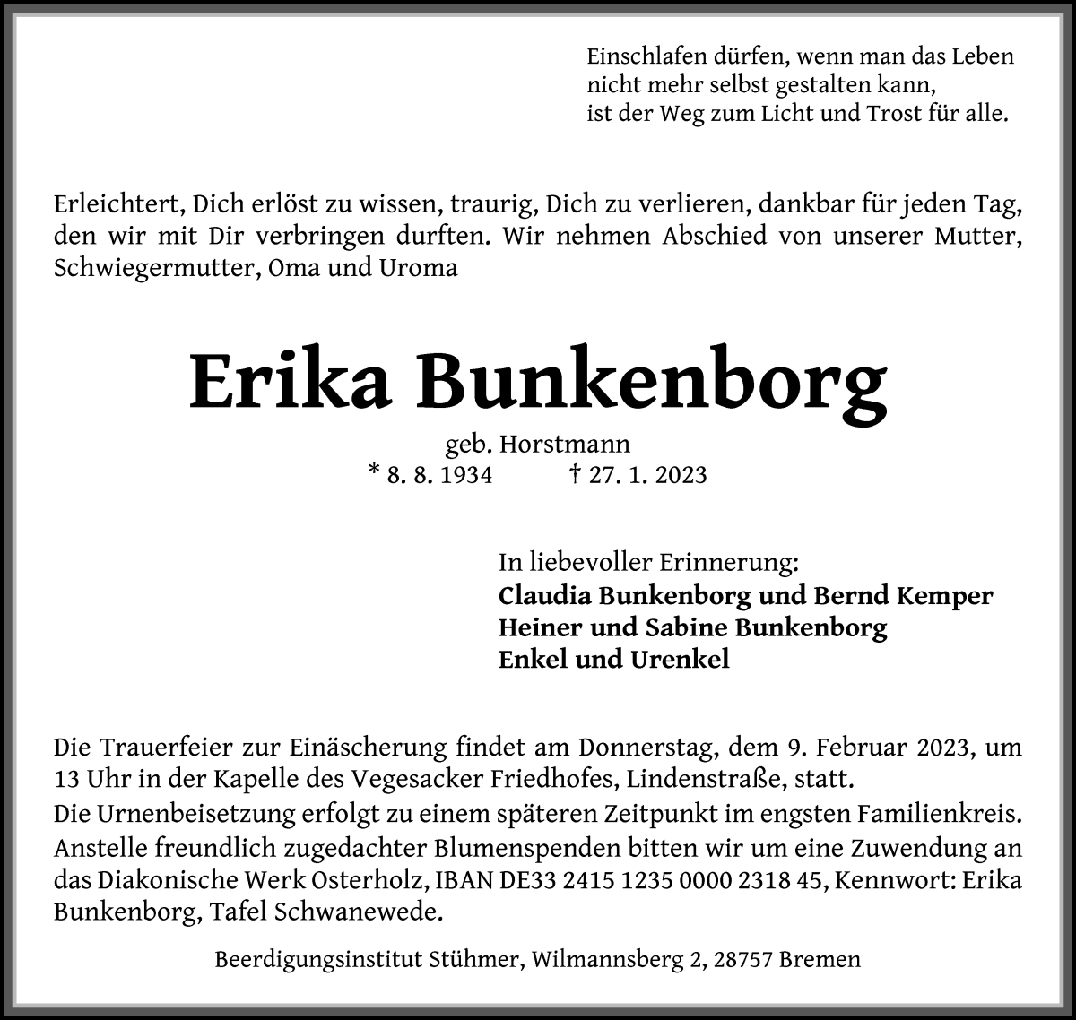 Traueranzeige von Erika Bunkenborg von Die Norddeutsche