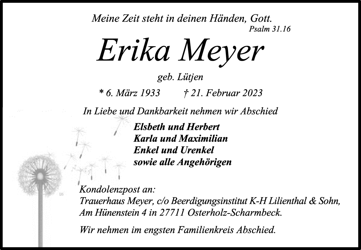 Traueranzeigen von Erika Meyer | Trauer & Gedenken