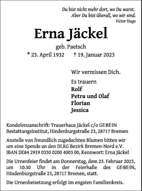 Traueranzeige von Erna Jäckel von WESER-KURIER