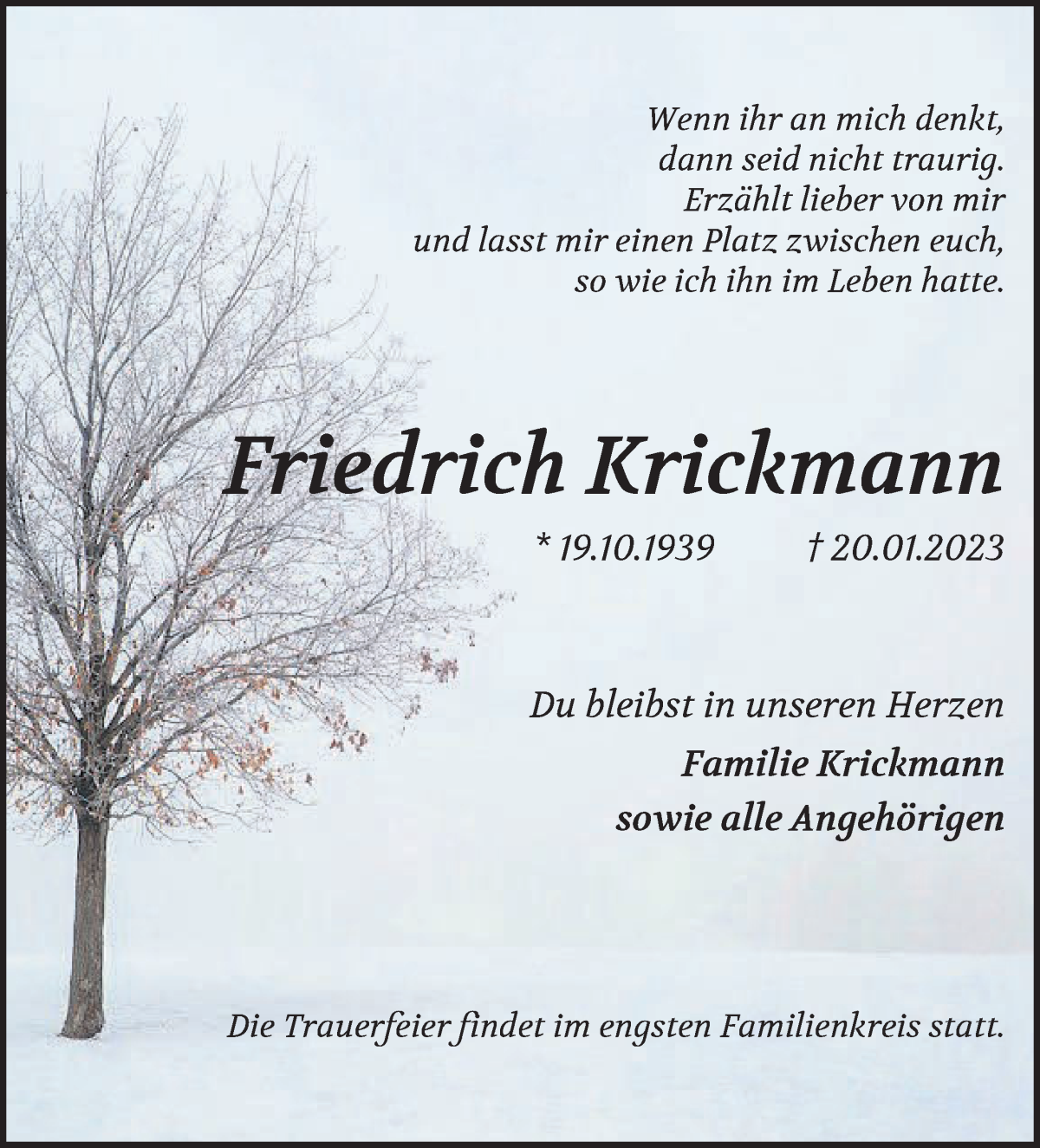 Traueranzeige von Friedrich Krickmann von Die Norddeutsche