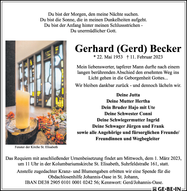Traueranzeige von Gerhard Becker von WESER-KURIER