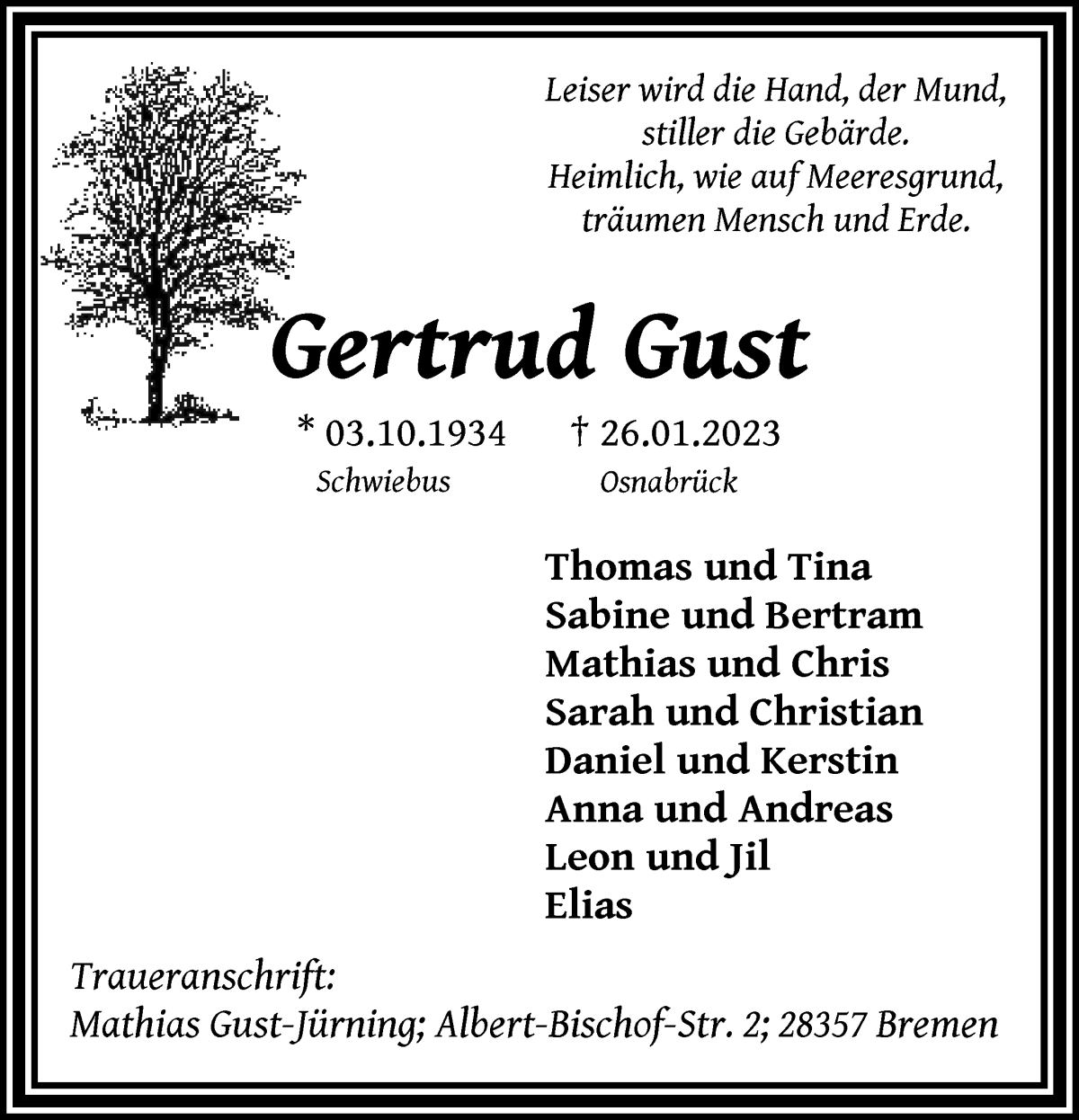 Traueranzeige von Gertrud Gust von Die Norddeutsche