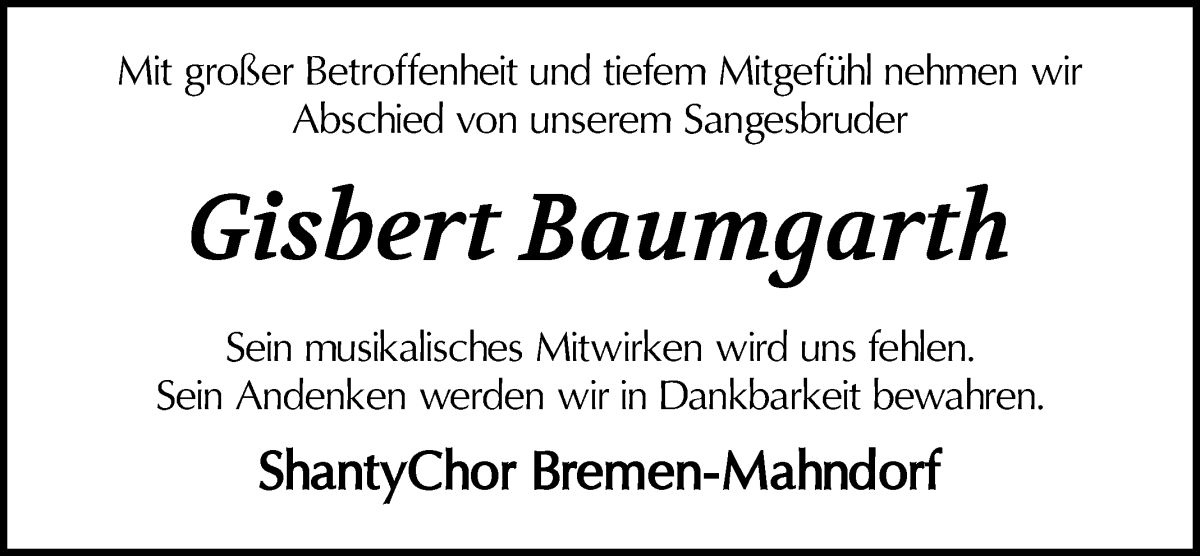  Traueranzeige für Gisbert Baumgarth vom 04.02.2023 aus WESER-KURIER
