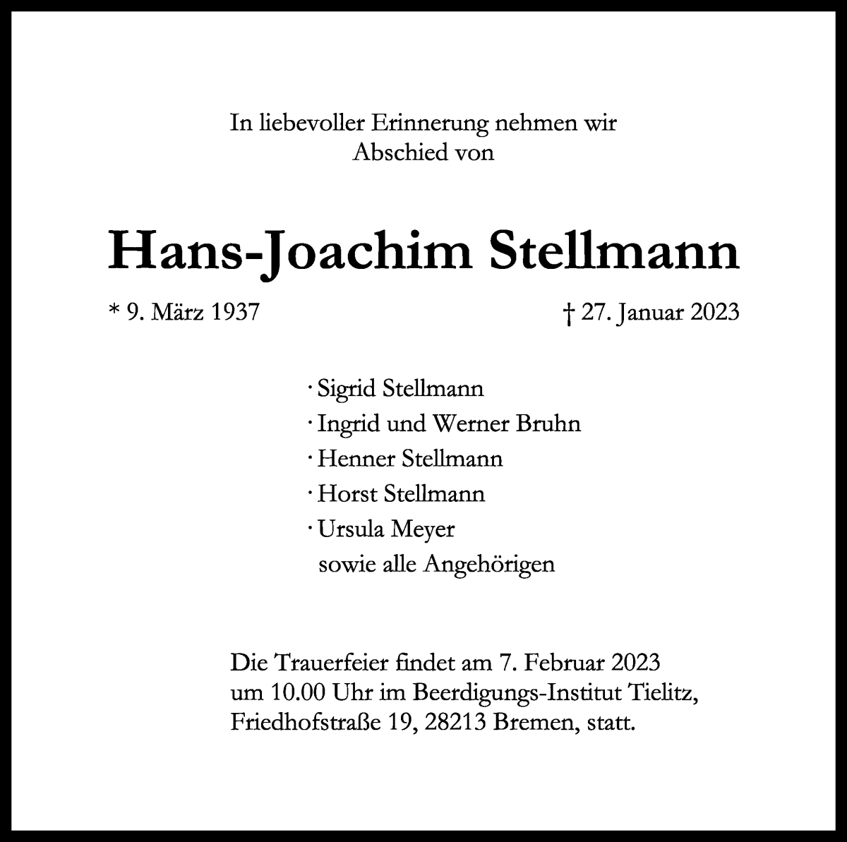 Traueranzeige von Hans-Joachim Stellmann von WESER-KURIER