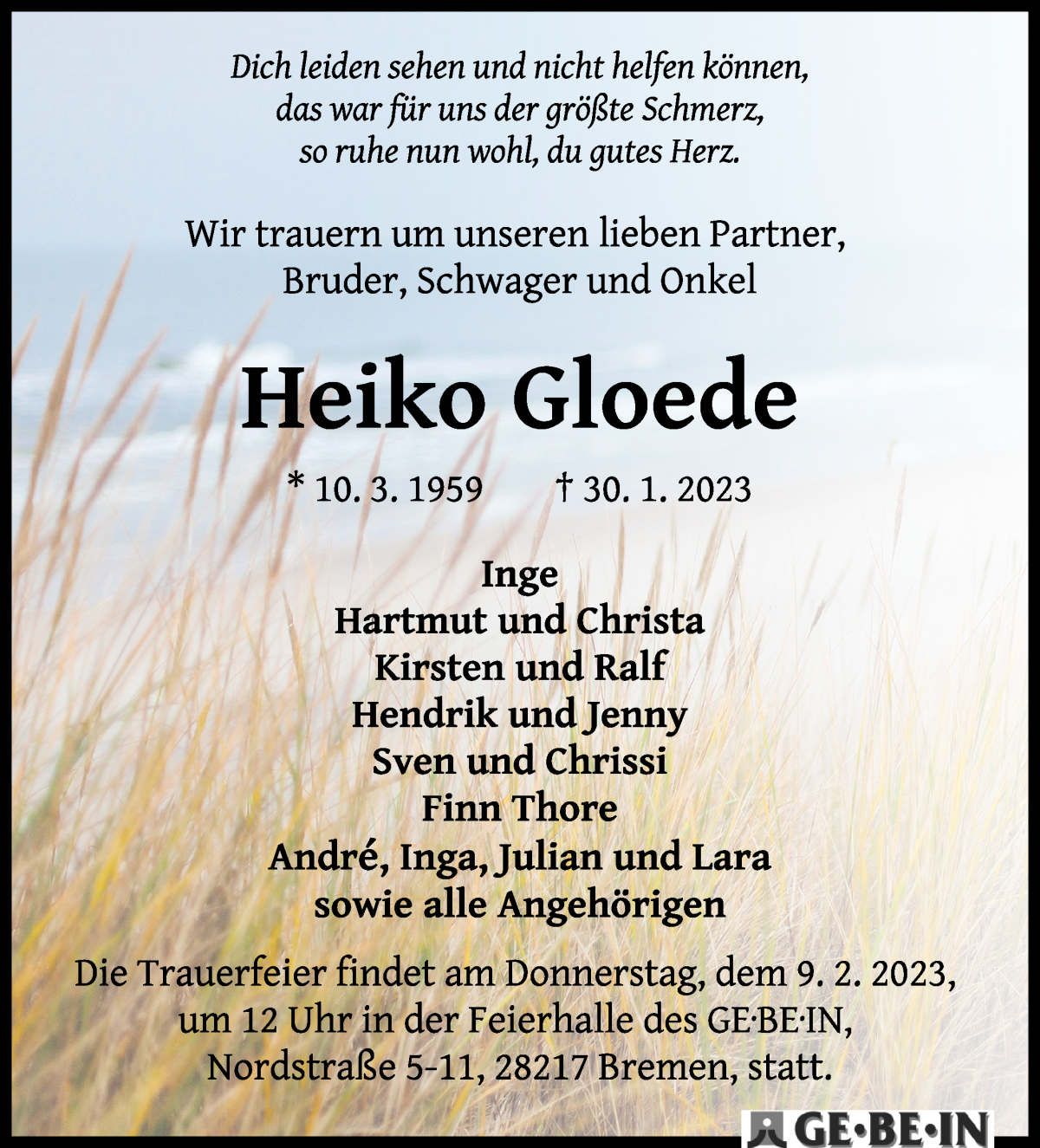  Traueranzeige für Heiko Gloede vom 04.02.2023 aus WESER-KURIER