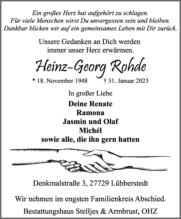 Traueranzeige von Heinz-Georg Rohde von Osterholzer Kreisblatt