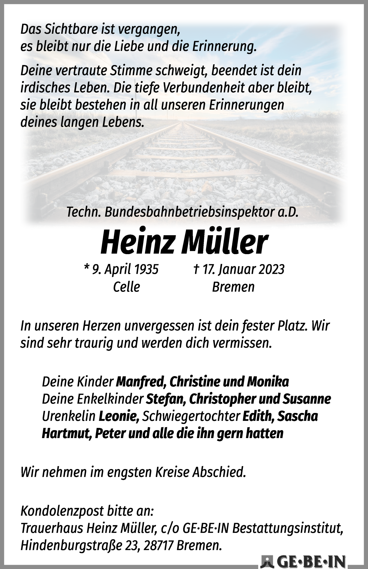  Traueranzeige für Heinz Müller vom 04.02.2023 aus Die Norddeutsche