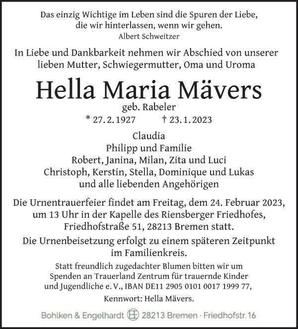 Traueranzeige von Hella Maria Mävers von WESER-KURIER