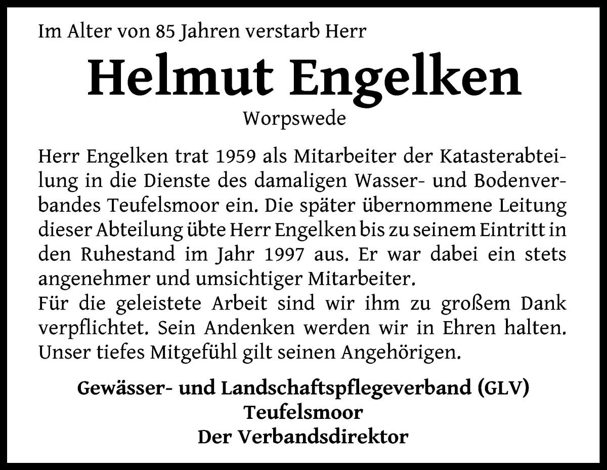 Traueranzeige von Helmut Engelken von Wuemme Zeitung