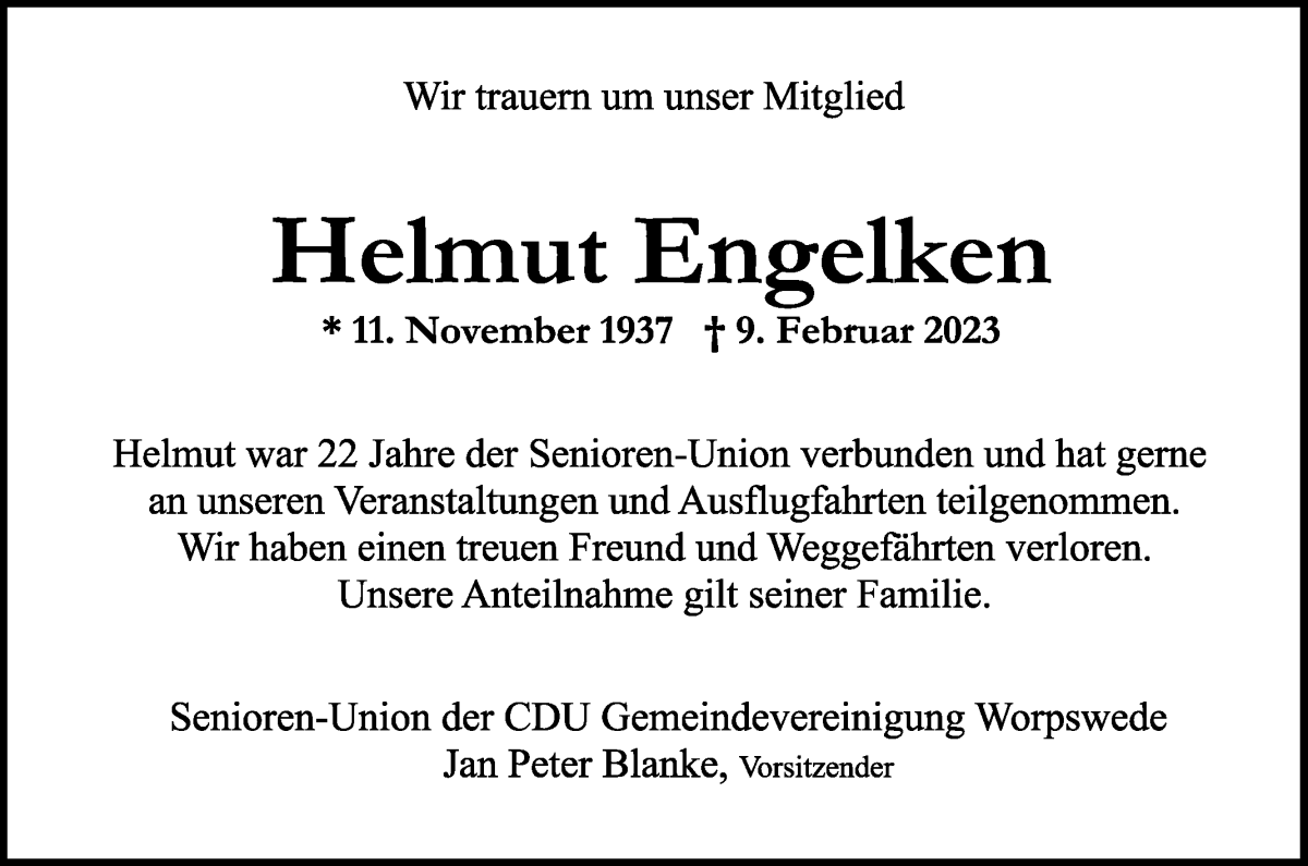 Traueranzeige von Helmut Engelken von Wuemme Zeitung