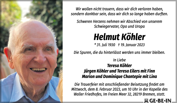 Traueranzeige von Helmut Köhler von WESER-KURIER