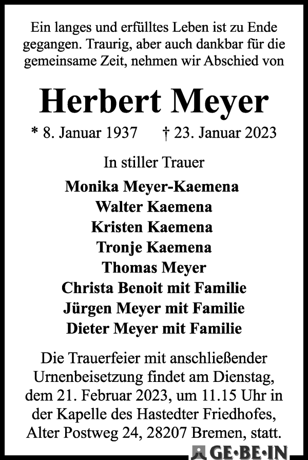 Traueranzeige von Herbert Meyer von WESER-KURIER
