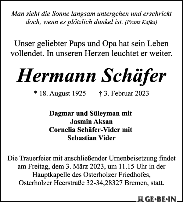Traueranzeige von Hermann Schäfer von WESER-KURIER