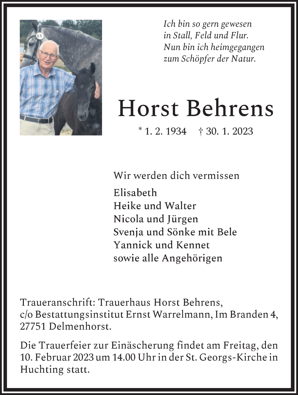 Traueranzeige von Horst Behrens von WESER-KURIER