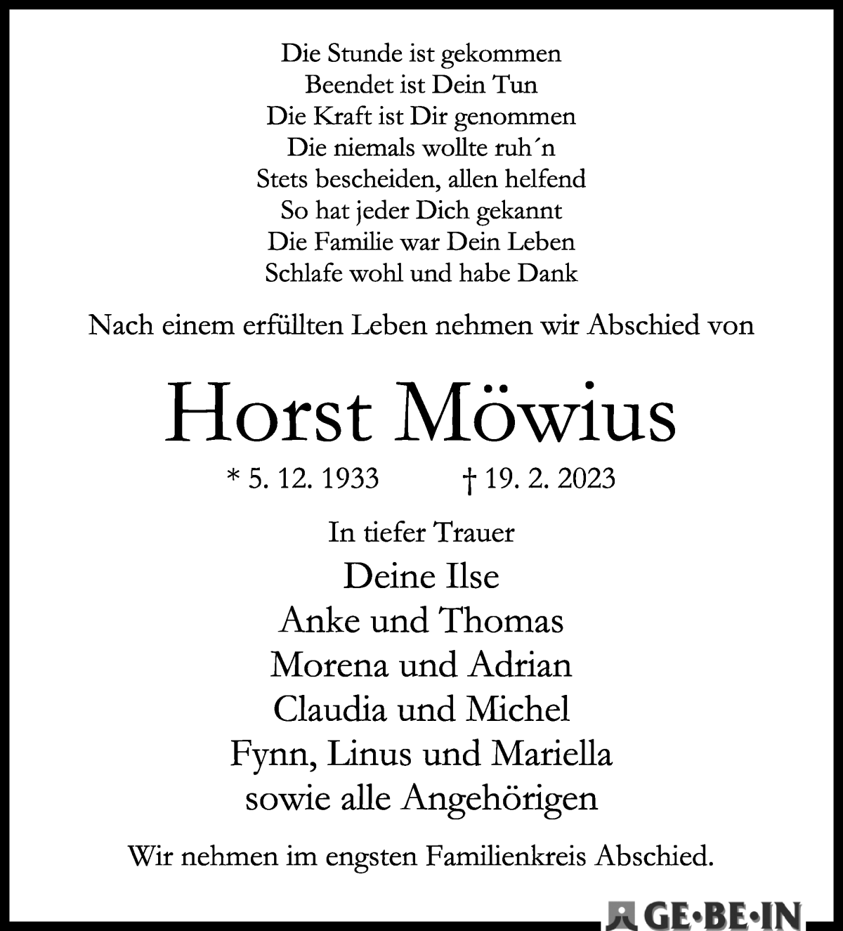 Traueranzeige von Horst Möwius von WESER-KURIER
