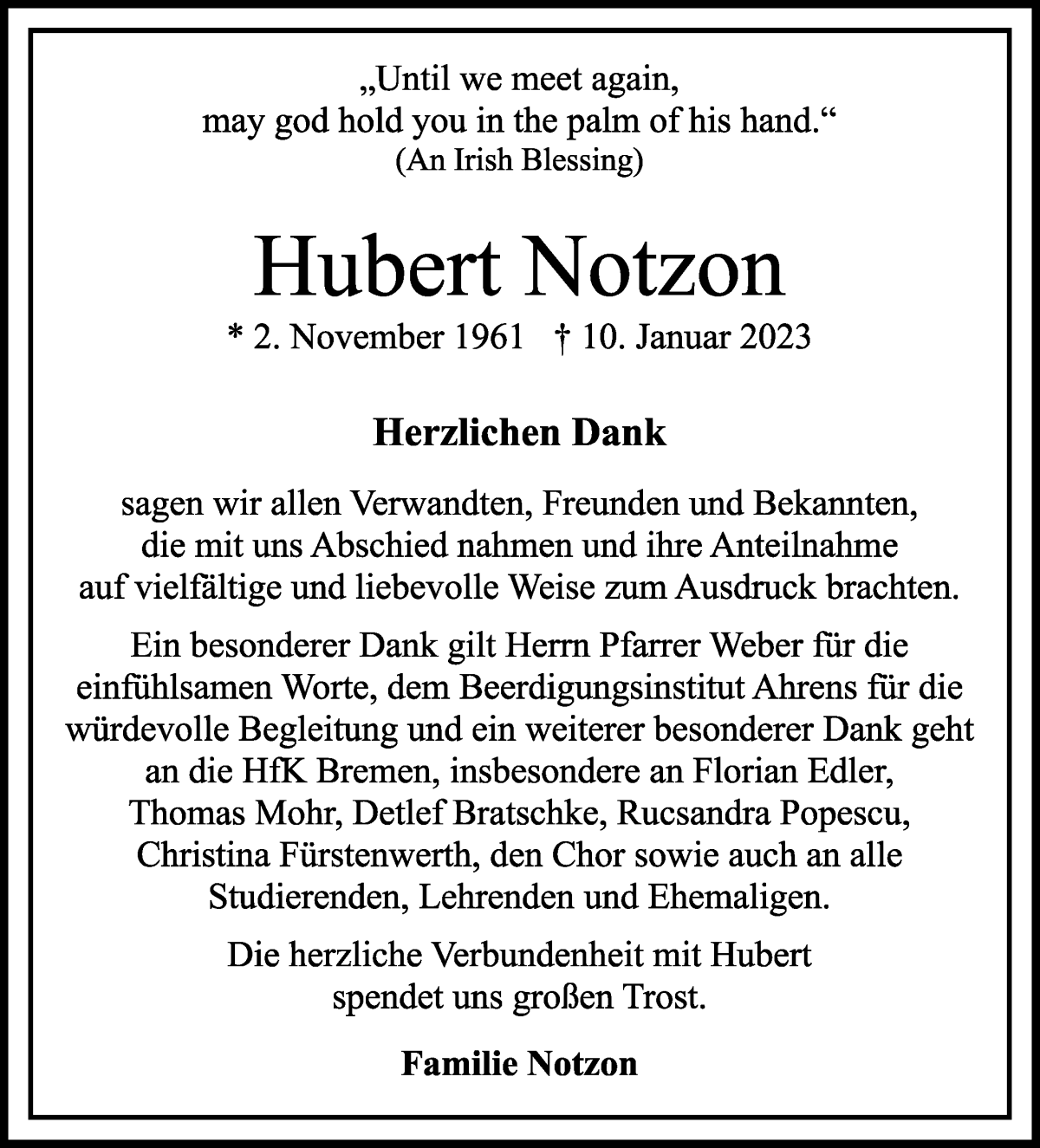  Traueranzeige für Hubert Notzon vom 18.02.2023 aus WESER-KURIER