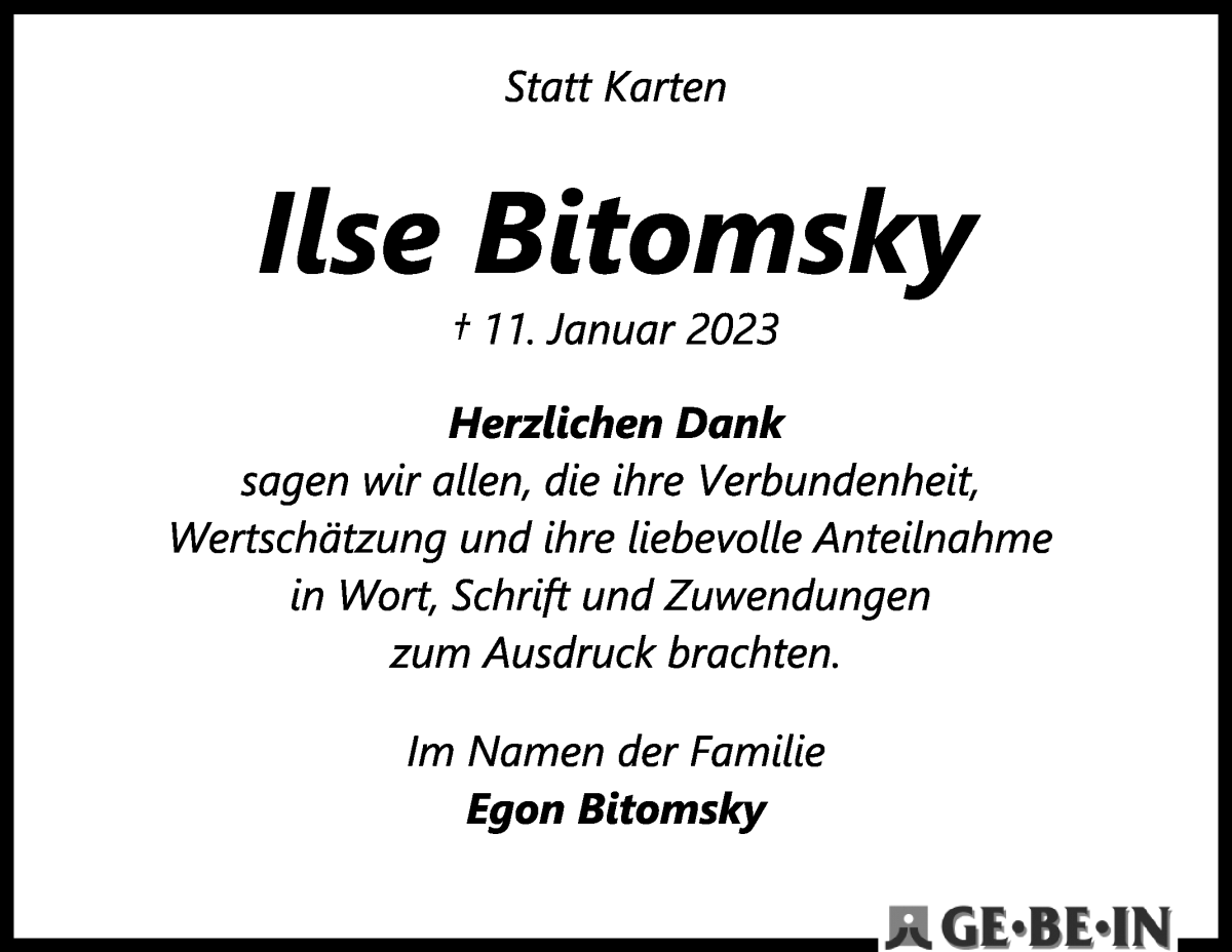  Traueranzeige für Ilse Bitomsky vom 04.02.2023 aus WESER-KURIER