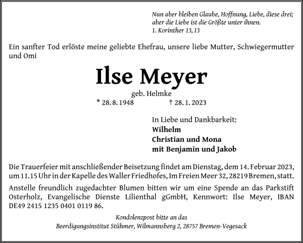 Traueranzeige von Ilse Meyer von Die Norddeutsche