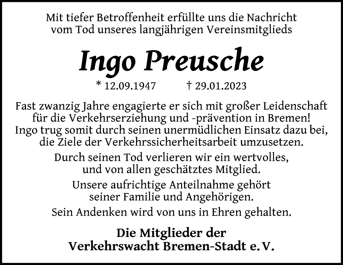  Traueranzeige für Ingo Preusche vom 08.02.2023 aus WESER-KURIER