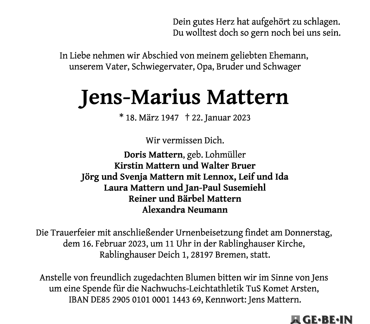 Traueranzeige von Jens-Marius Mattern von WESER-KURIER