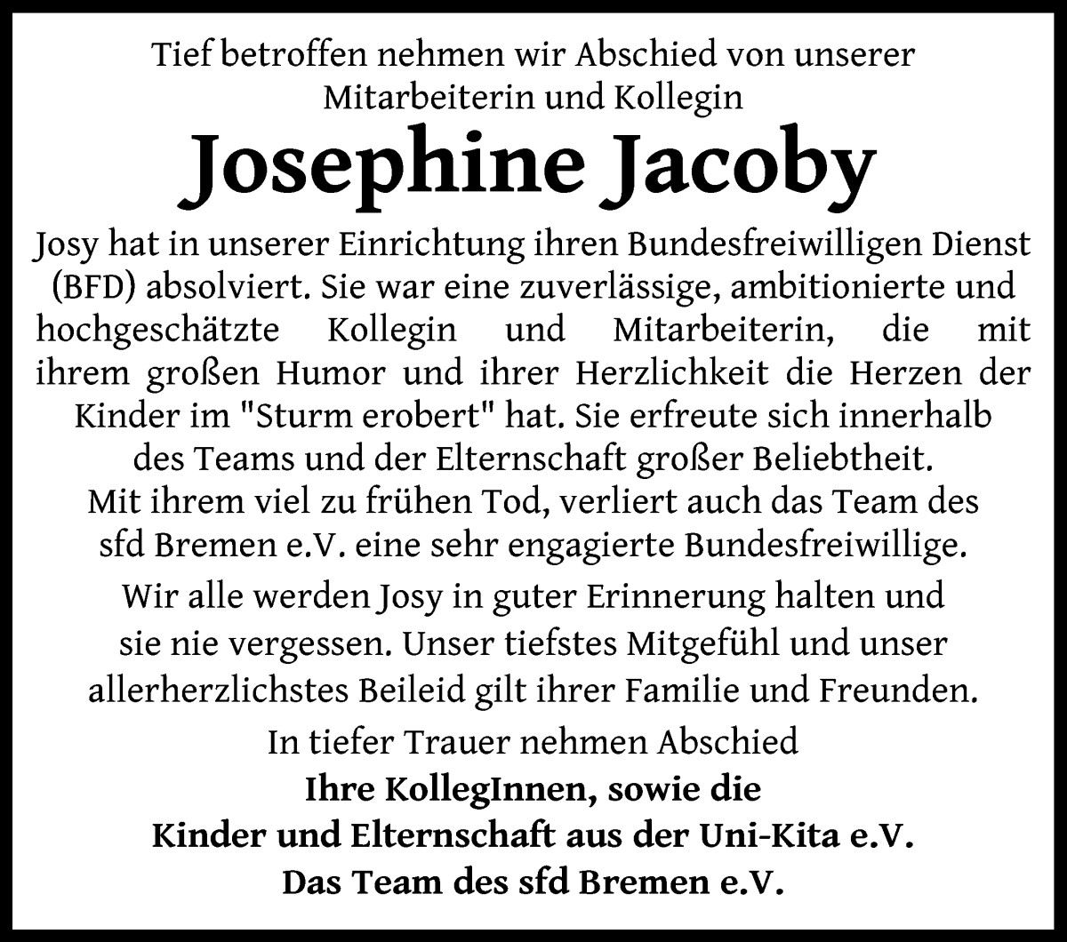  Traueranzeige für Josephine Jacoby vom 04.02.2023 aus WESER-KURIER
