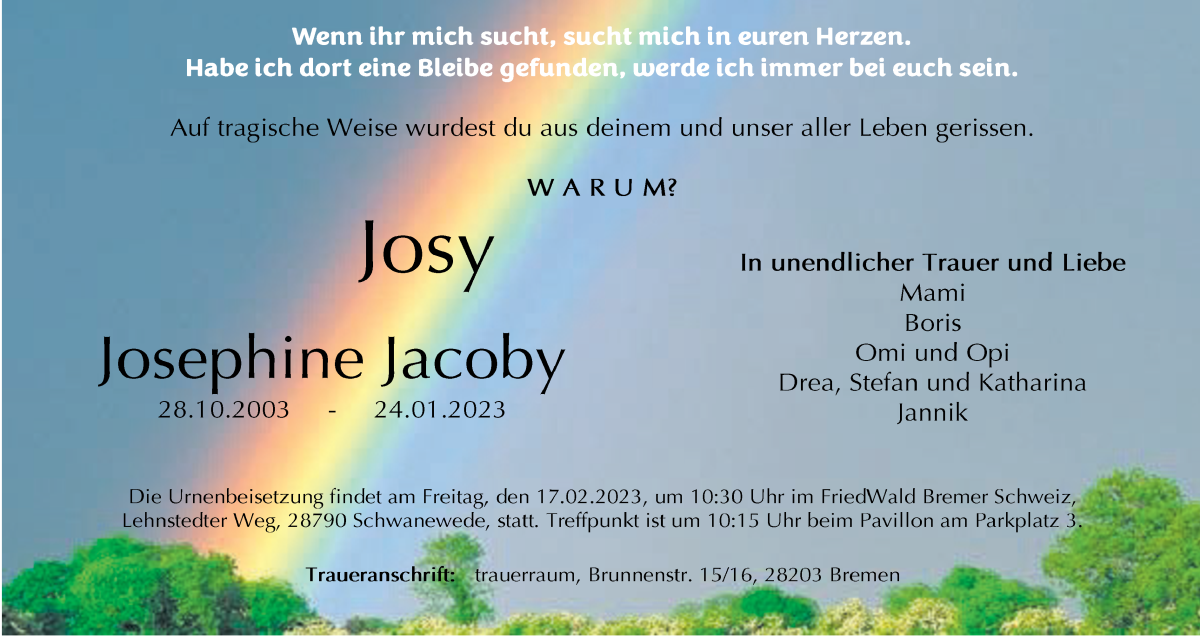  Traueranzeige für Josephine Jacoby vom 04.02.2023 aus WESER-KURIER