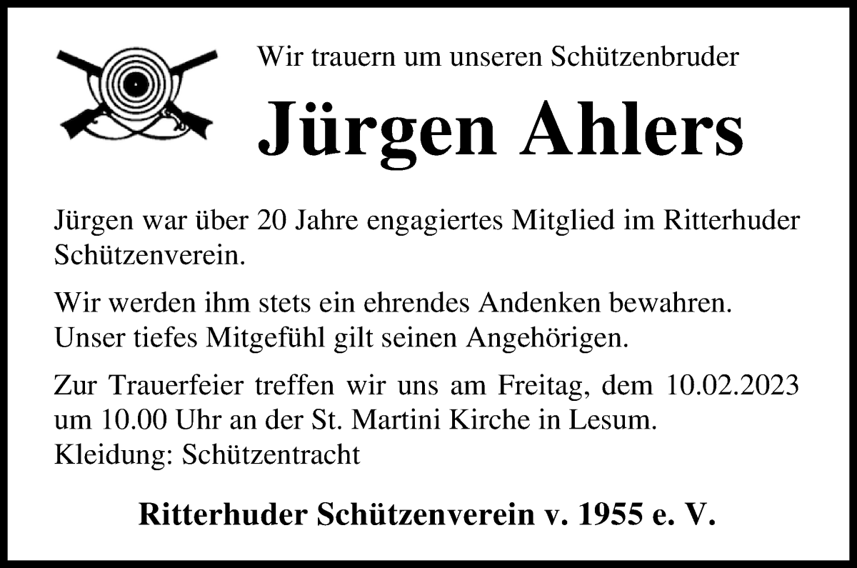Traueranzeige von Jürgen Ahlers von Osterholzer Kreisblatt