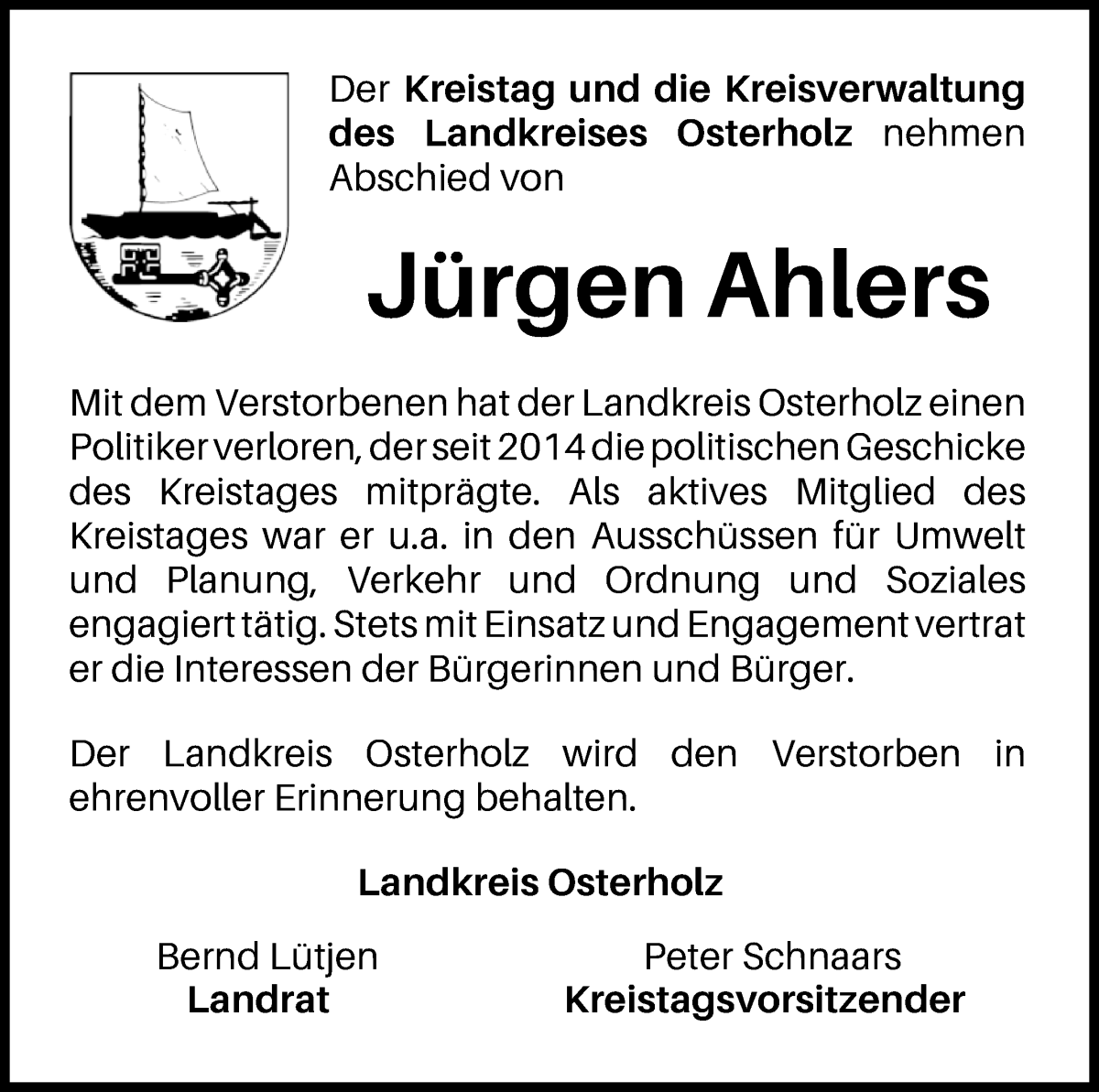 Traueranzeige von Jürgen Ahlers von Osterholzer Kreisblatt