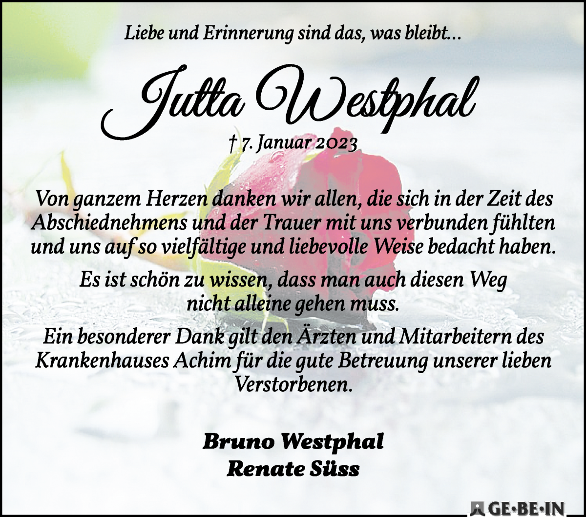 Traueranzeige von Jutta Westphal von WESER-KURIER