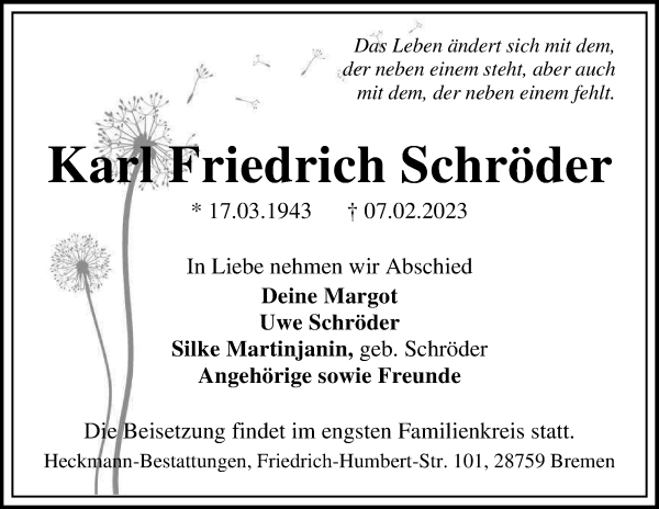 Traueranzeige von Karl Friedrich Schröder