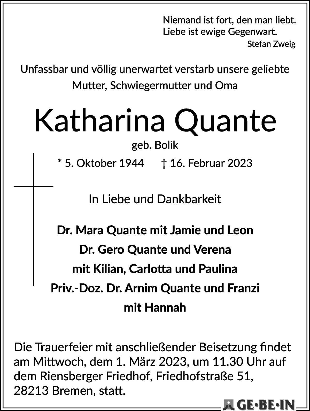  Traueranzeige für Katharina Quante vom 25.02.2023 aus WESER-KURIER