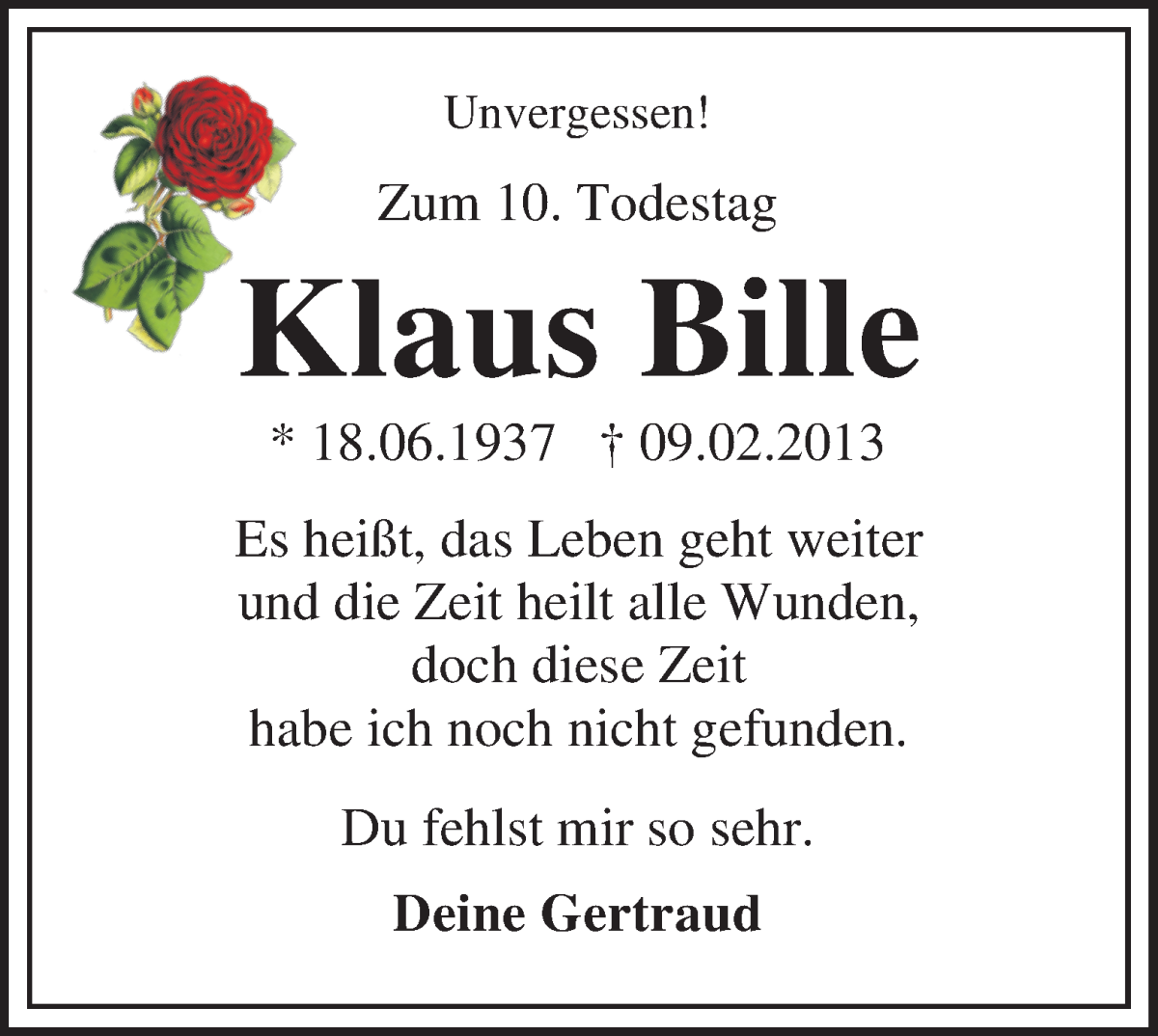 Traueranzeige von Klaus Bille von Die Norddeutsche