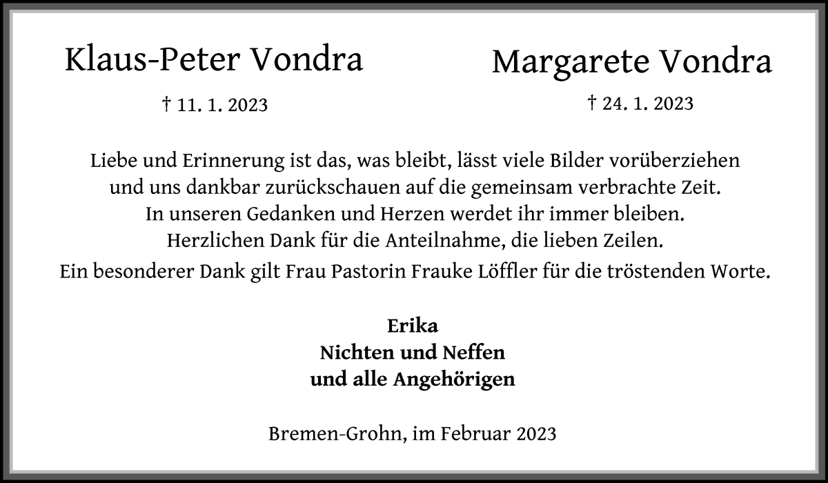 Traueranzeige von Klaus-Peter und Margarete Vondra von WESER-KURIER