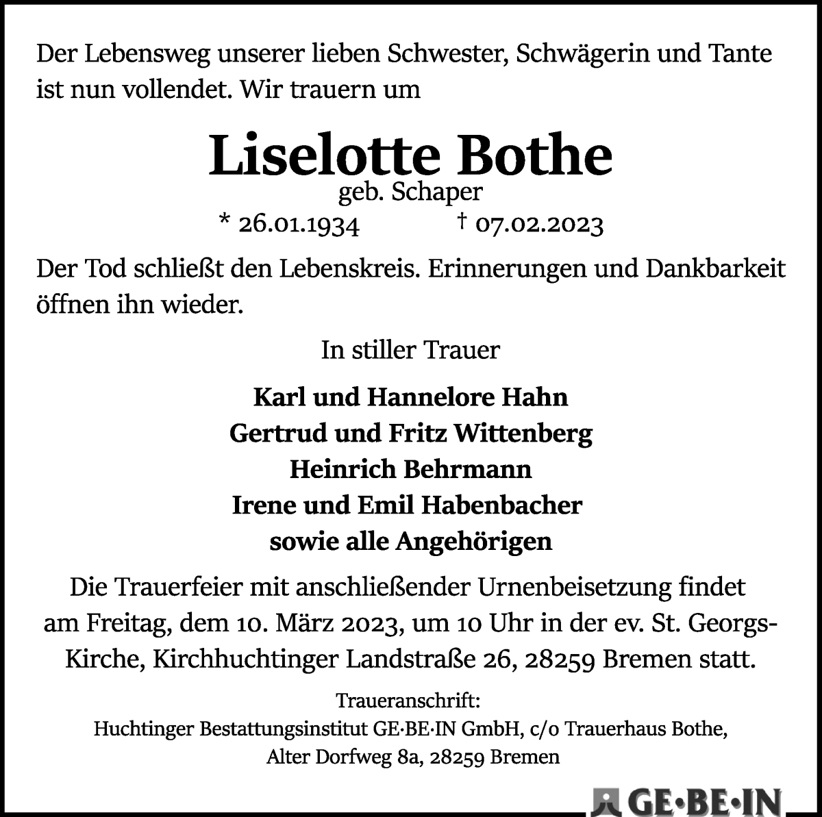 Traueranzeige von Liselotte Bothe von WESER-KURIER