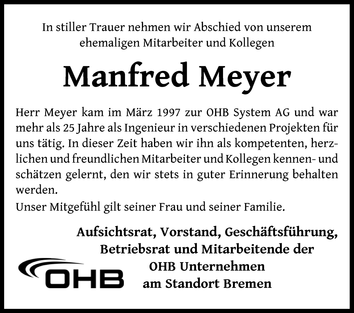  Traueranzeige für Manfred Meyer vom 20.02.2023 aus WESER-KURIER