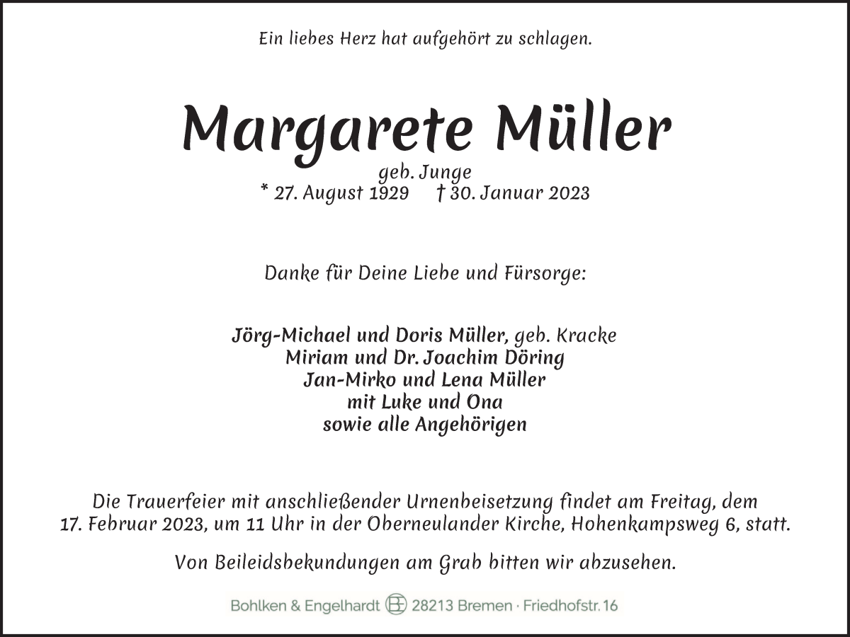 Traueranzeige von Margarete Müller von WESER-KURIER