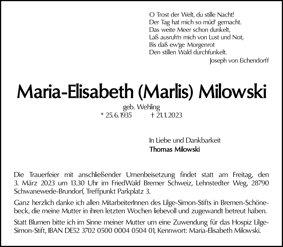 Traueranzeige von Maria-Elisabeth Milowski von Die Norddeutsche