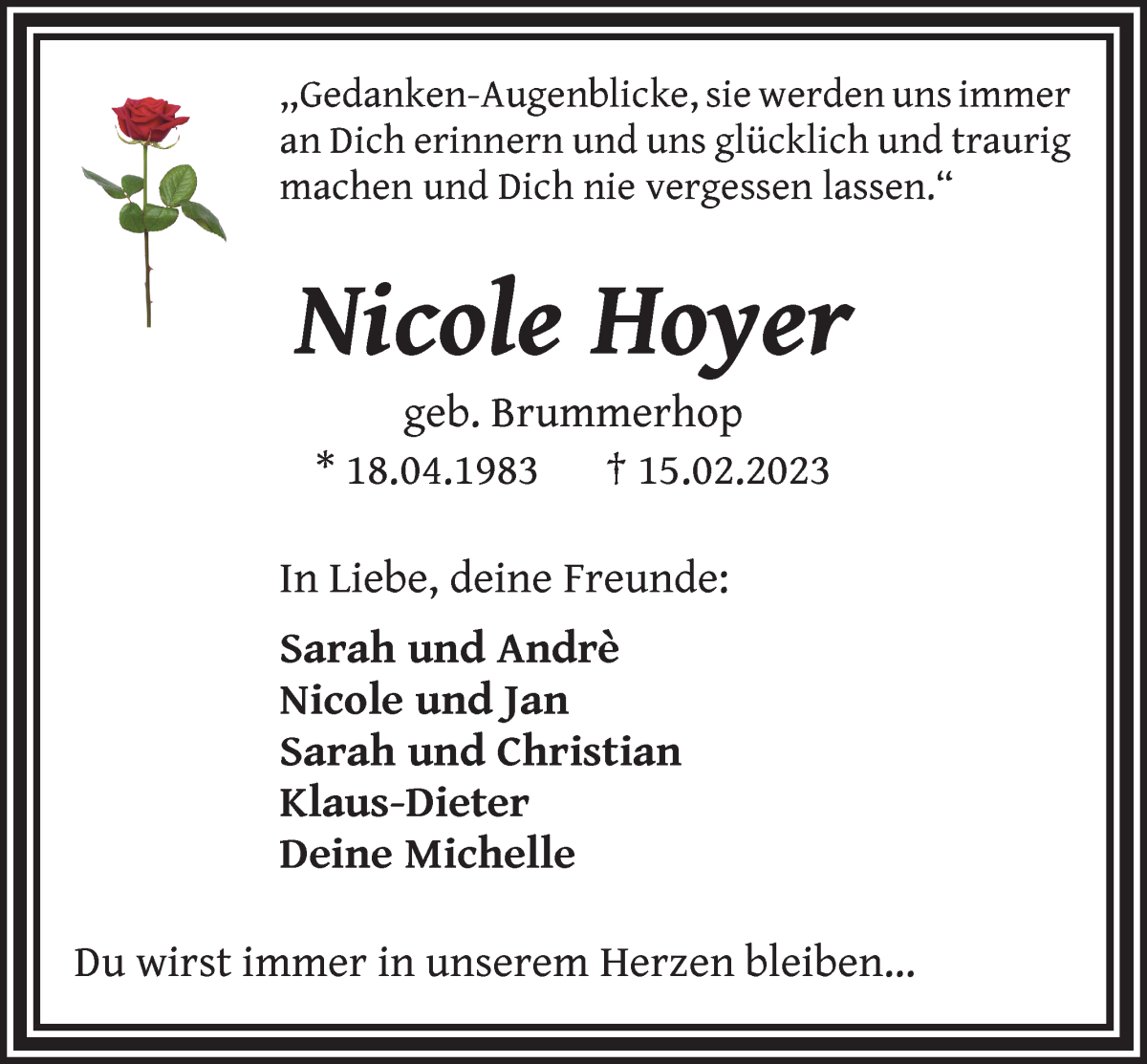  Traueranzeige für Nicole Hoyer vom 18.02.2023 aus Osterholzer Kreisblatt