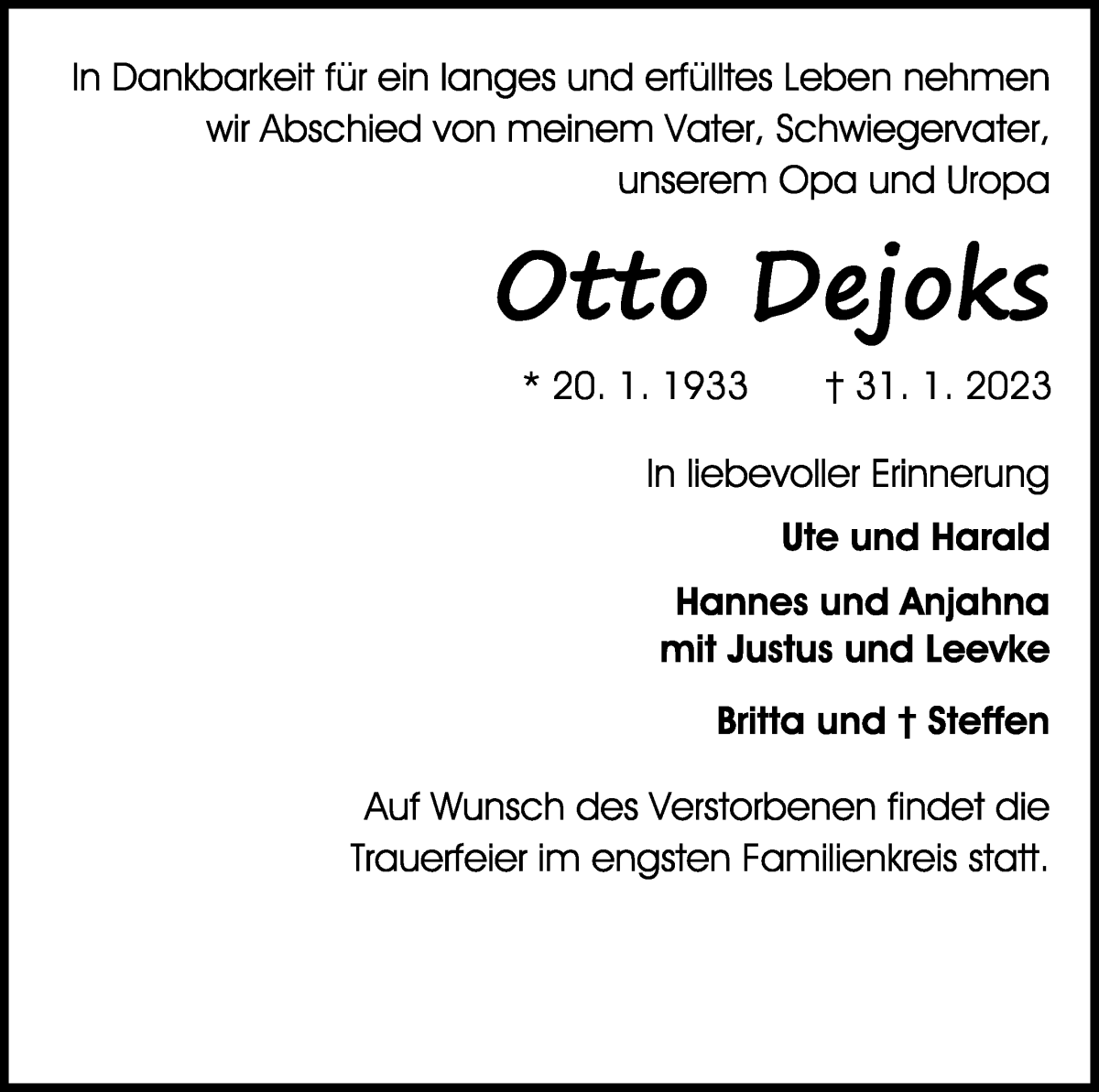 Traueranzeige von Otto Dejoks von Die Norddeutsche