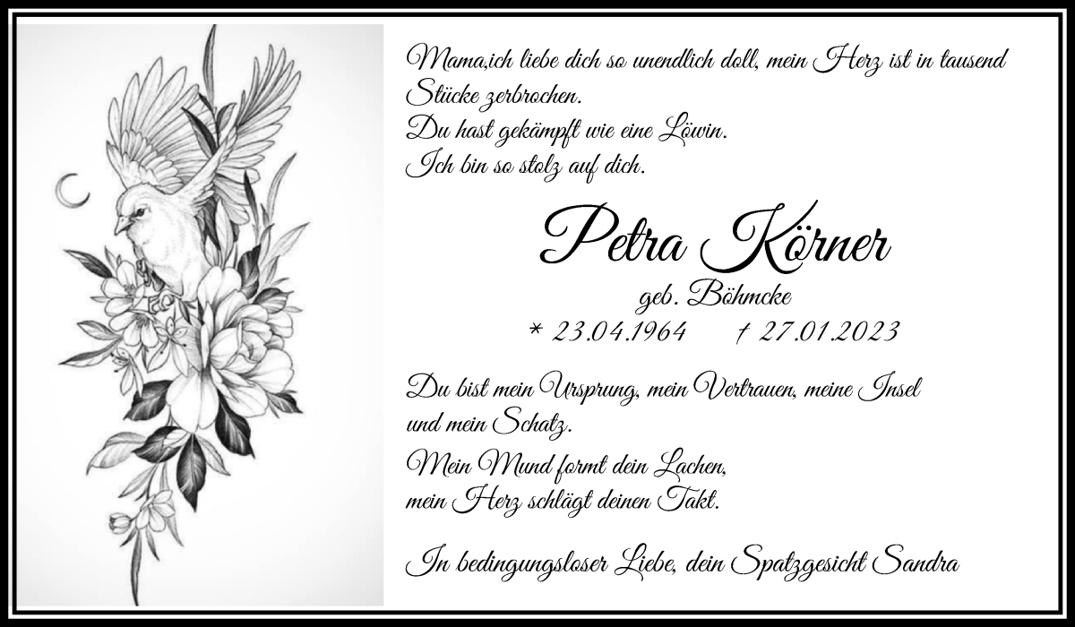  Traueranzeige für Petra Körner vom 11.02.2023 aus Die Norddeutsche