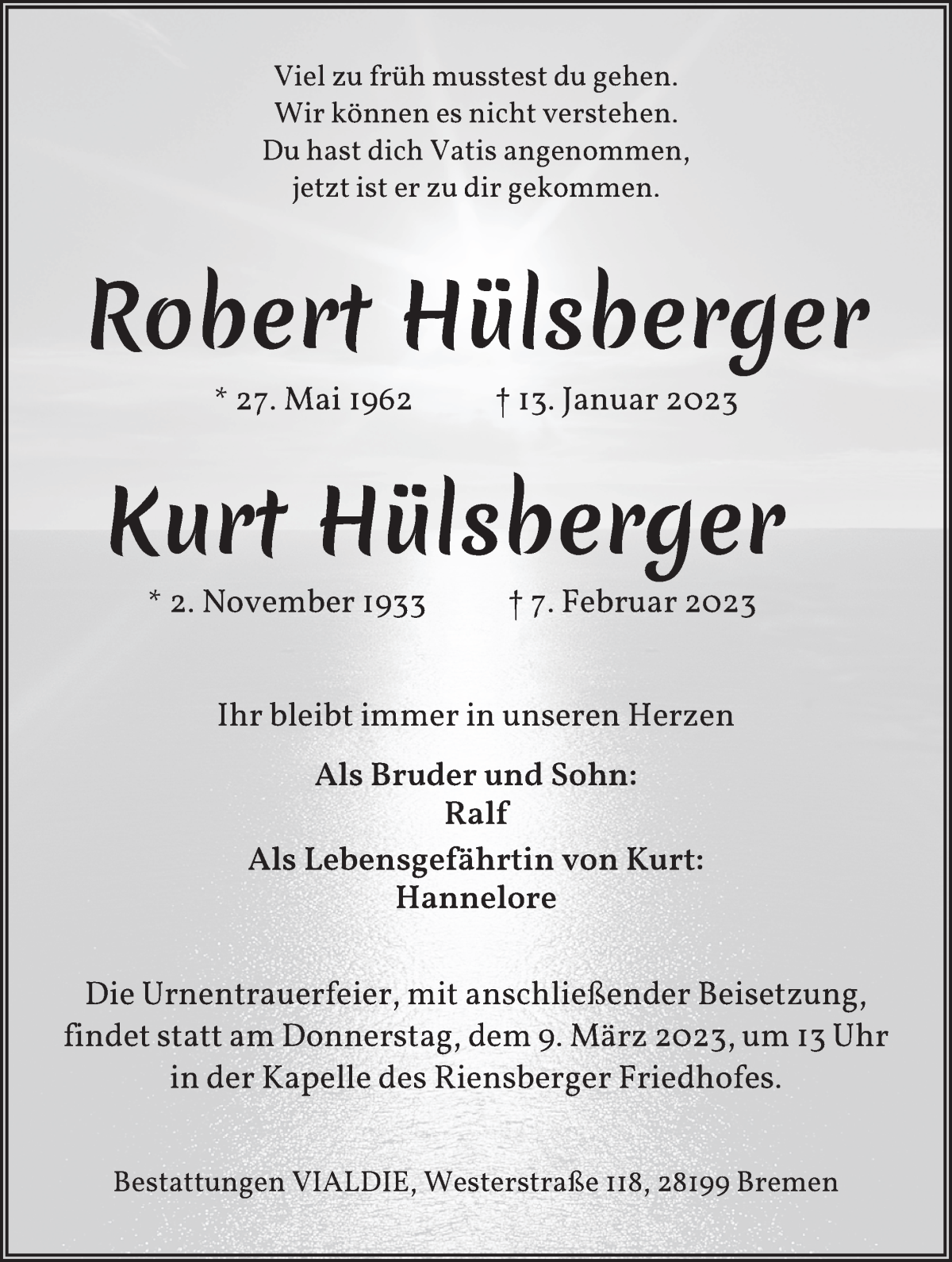 Traueranzeige von Robert und Kurt Hülsberger von WESER-KURIER