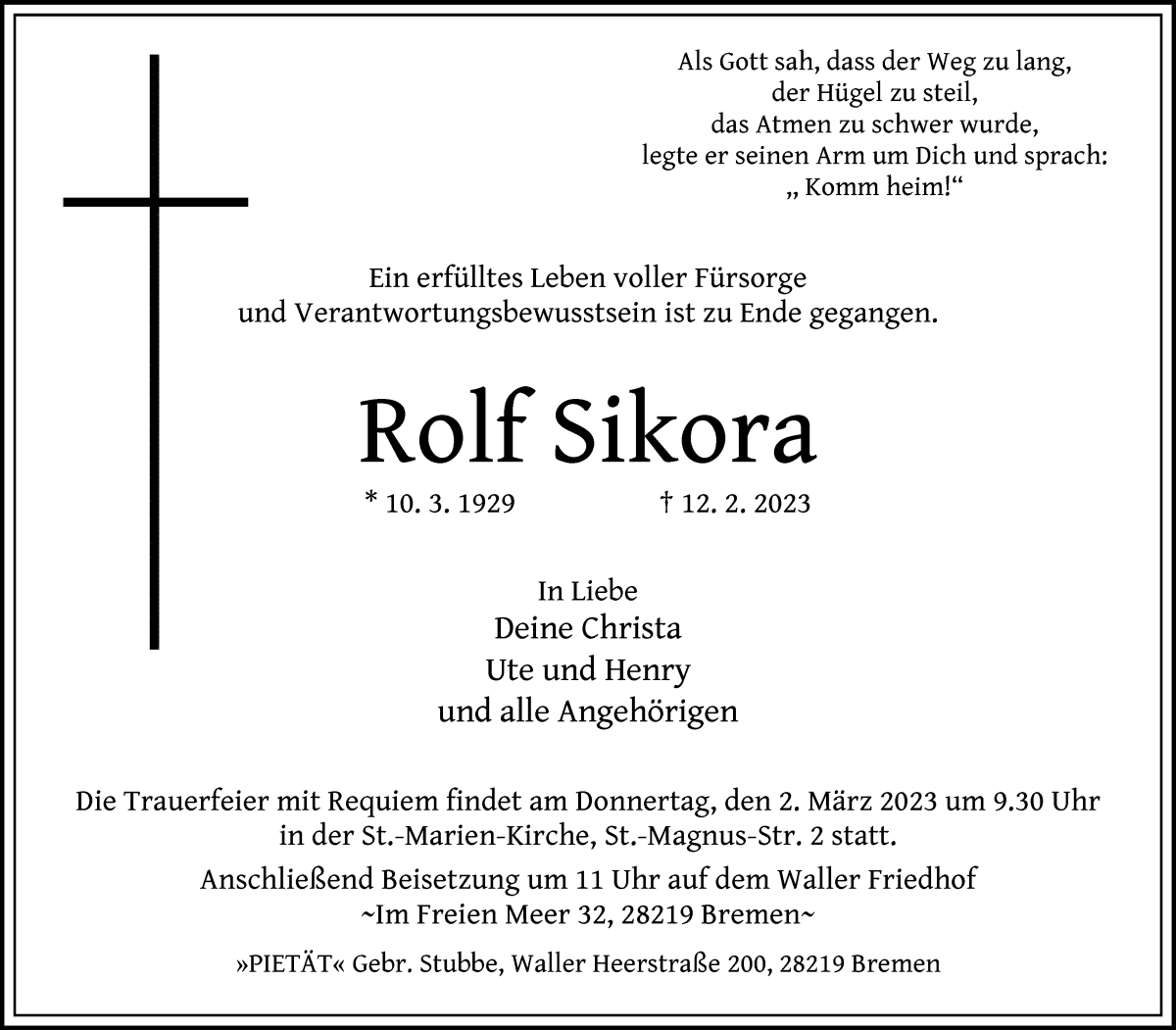 Traueranzeige von Rolf Sikora von WESER-KURIER
