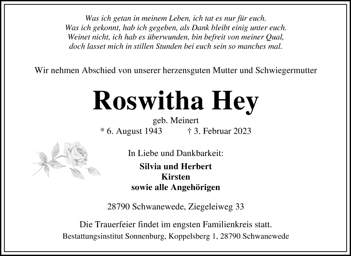 Traueranzeige von Roswitha Hey von Die Norddeutsche