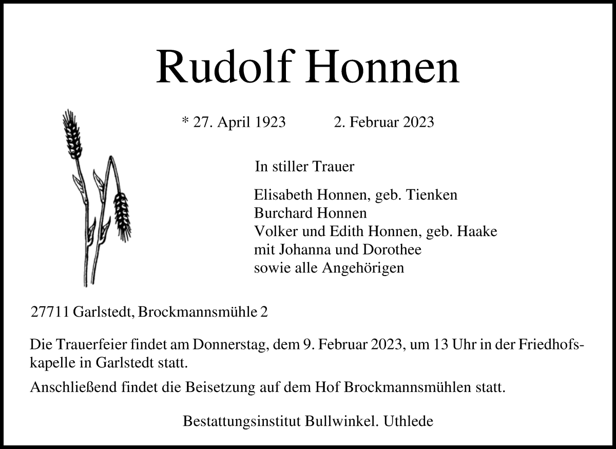 Traueranzeige von Rudolf Honnen von Osterholzer Kreisblatt