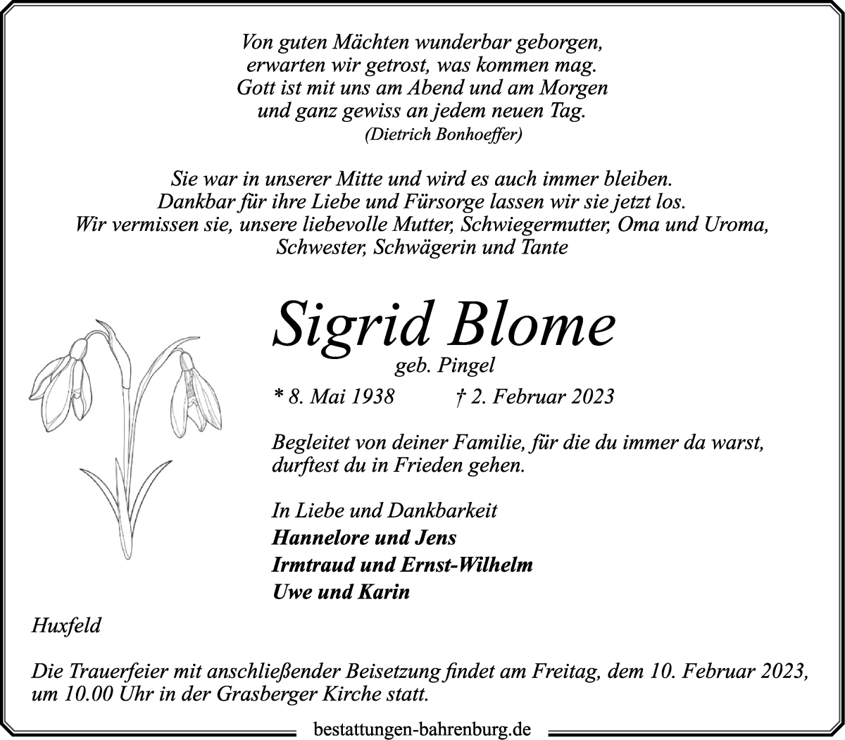  Traueranzeige für Sigrid Blome vom 07.02.2023 aus Wuemme Zeitung
