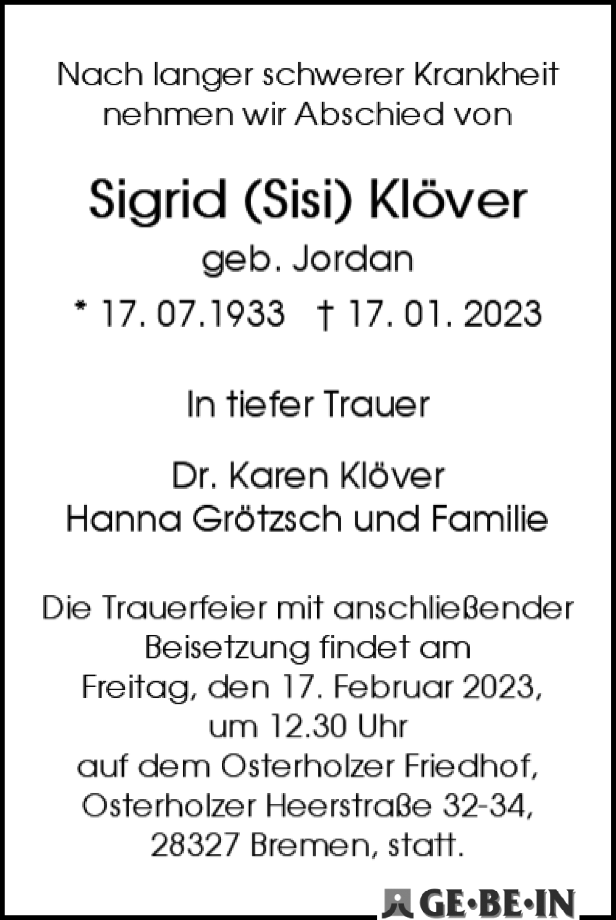 Traueranzeige von Sigrid Klöver von WESER-KURIER
