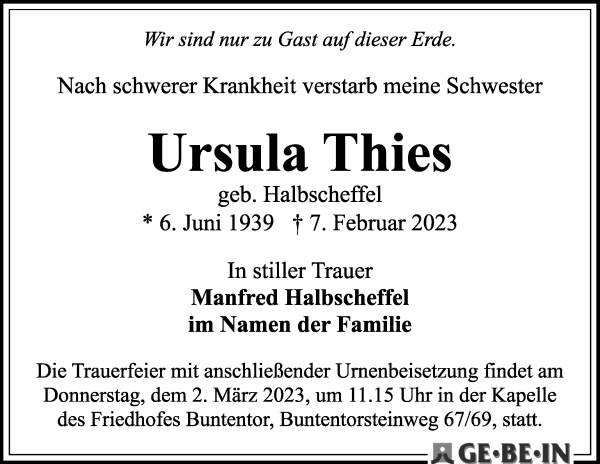 Traueranzeige von Ursula Thies von WESER-KURIER