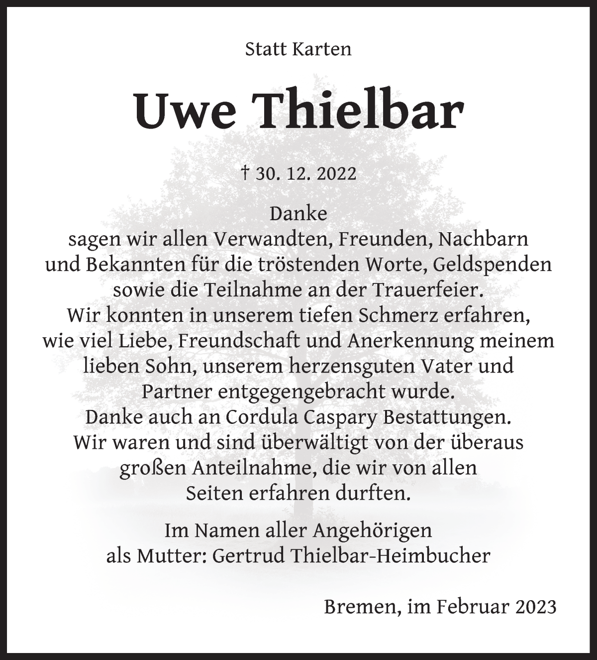  Traueranzeige für Uwe Thielbar vom 18.02.2023 aus WESER-KURIER