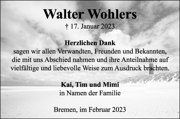 Traueranzeige von Walter Wohlers von WESER-KURIER