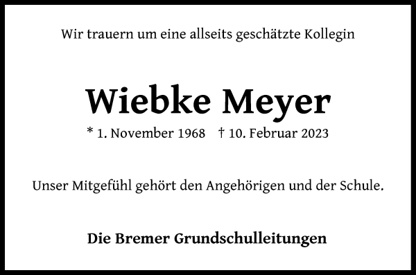 Traueranzeigen Von Wiebke Meyer Trauer Gedenken